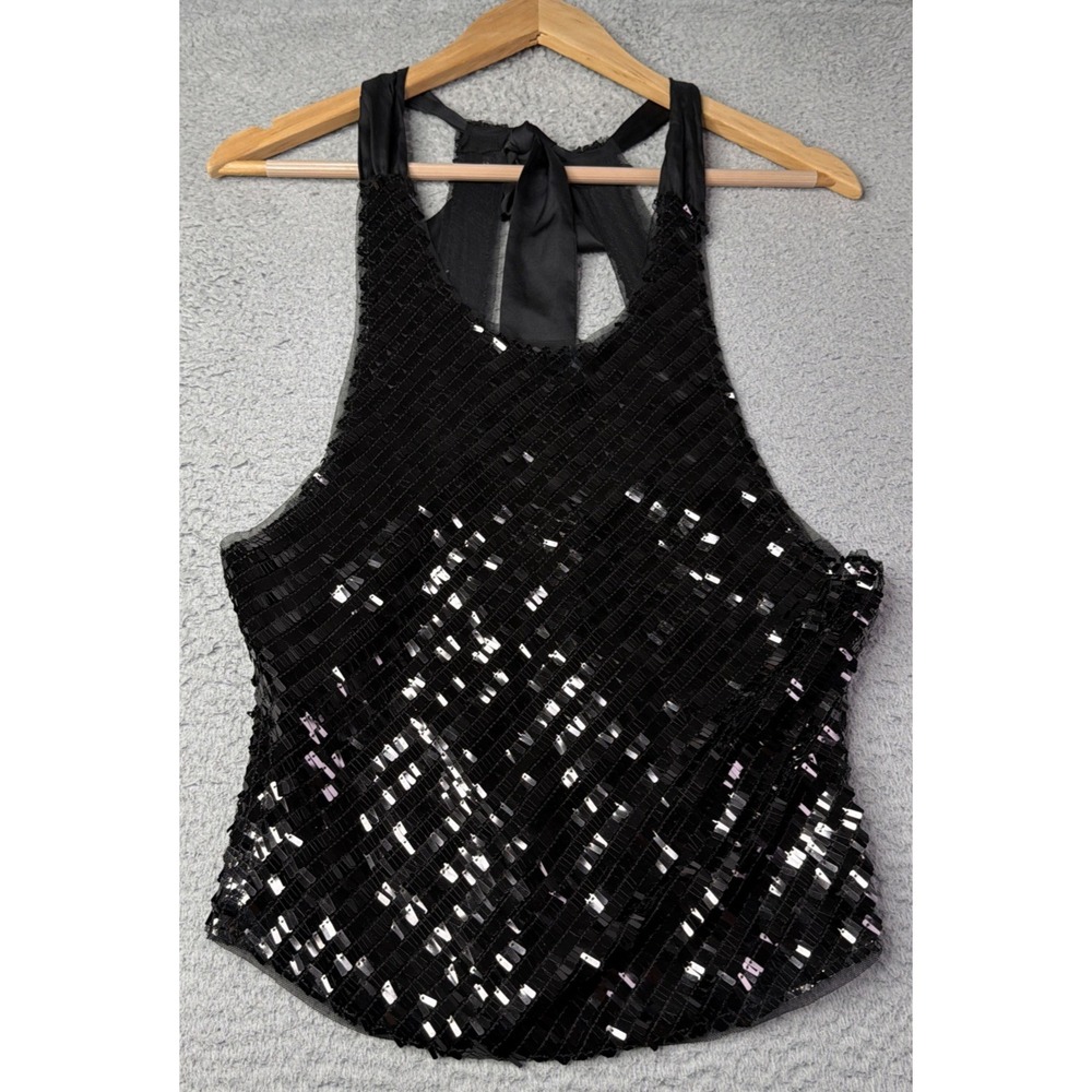 Free People Top Womens S Intimately Black Disco Fever Cami Sequin Tie Back NWT